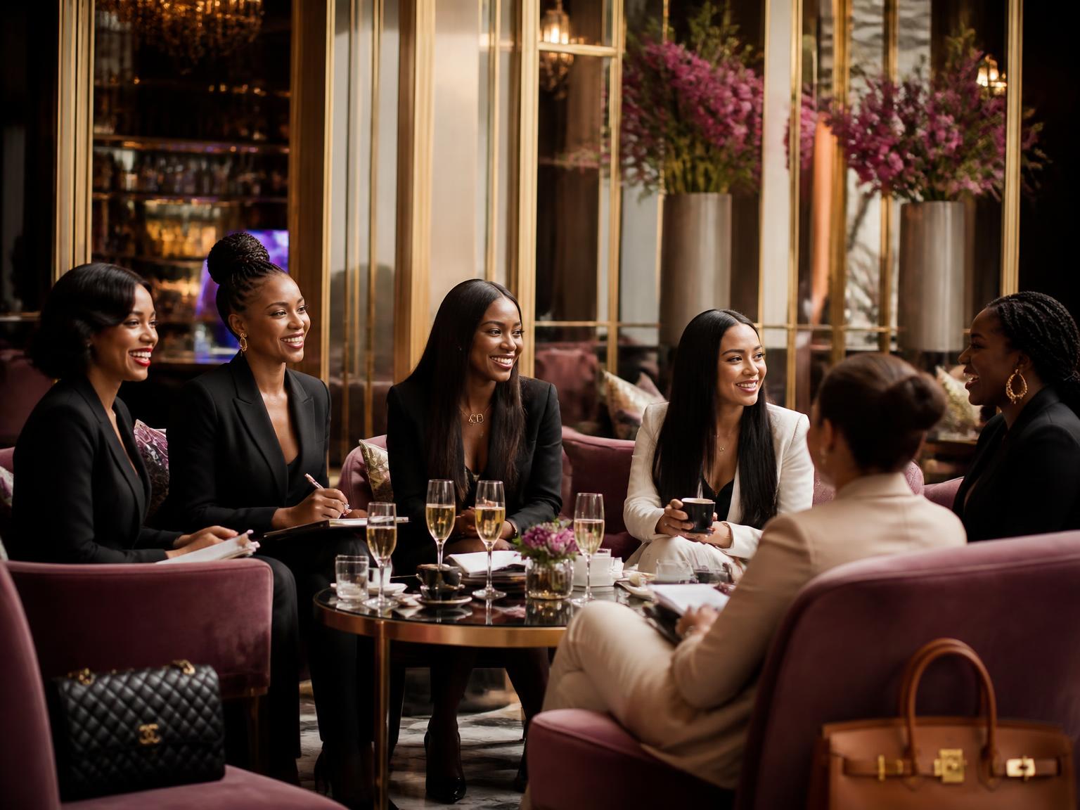 Women networking in a luxury hotel lounge